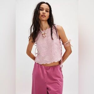 New Free People Faded Gardens Pink Embroidered Boxy Boho Top Blouse sz XS